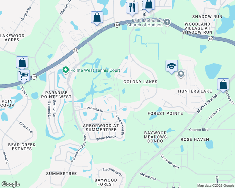 map of restaurants, bars, coffee shops, grocery stores, and more near 11919 Loblolly Pine Drive in New Port Richey