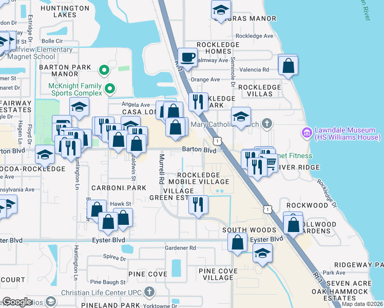 map of restaurants, bars, coffee shops, grocery stores, and more near 175 Barton Boulevard in Rockledge