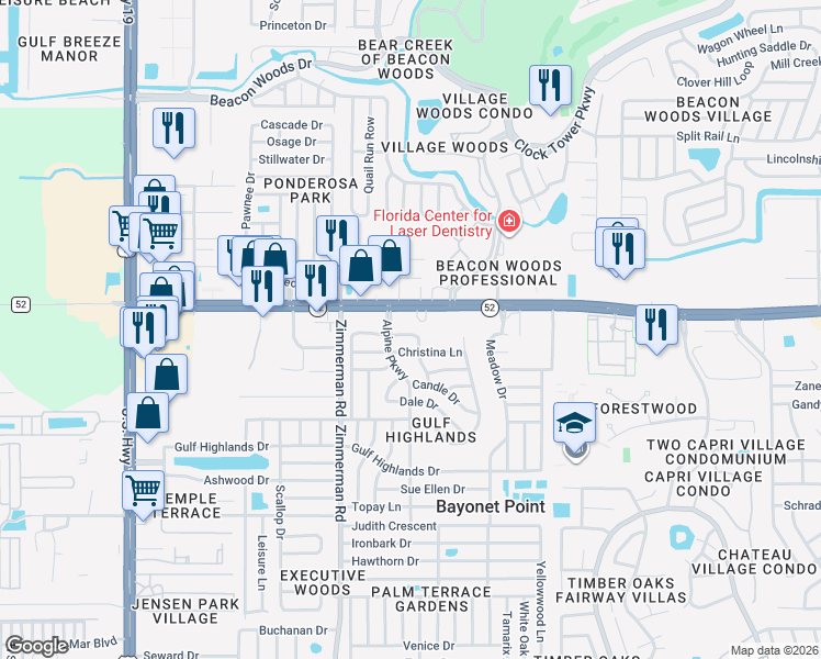map of restaurants, bars, coffee shops, grocery stores, and more near 7625 Karen Drive in Port Richey