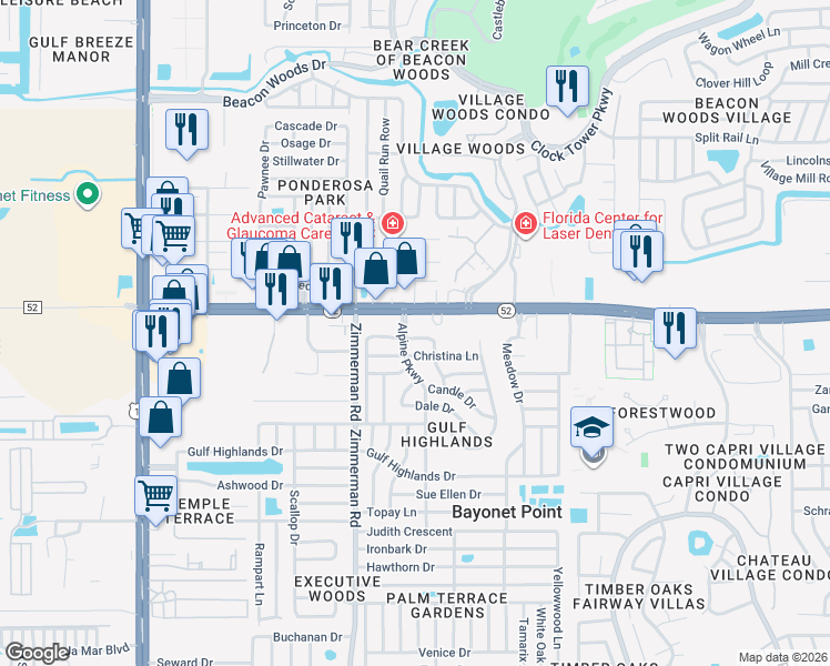 map of restaurants, bars, coffee shops, grocery stores, and more near 7615 Karen Drive in Port Richey