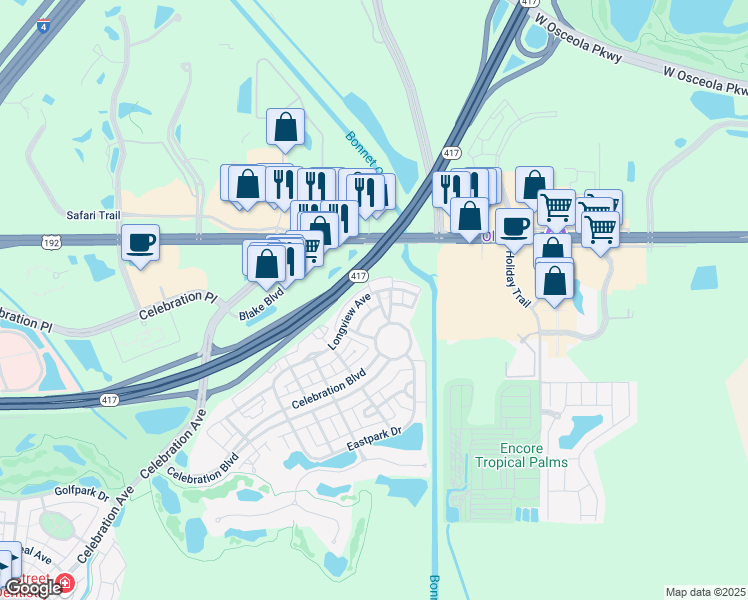 map of restaurants, bars, coffee shops, grocery stores, and more near 202 Reserve Place in Kissimmee