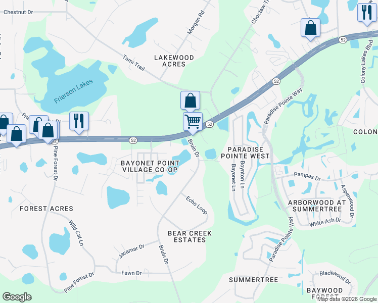 map of restaurants, bars, coffee shops, grocery stores, and more near 11931 Bruin Drive in New Port Richey
