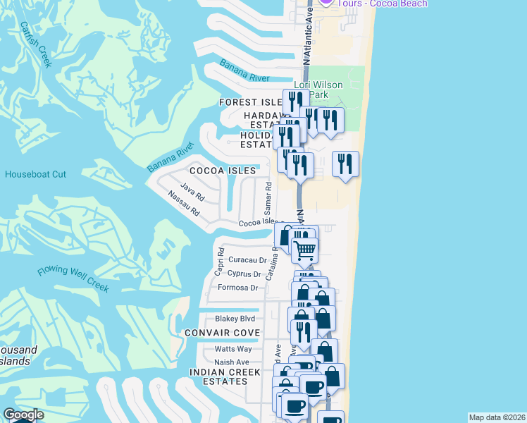 map of restaurants, bars, coffee shops, grocery stores, and more near 915 Samar Road in Cocoa Beach