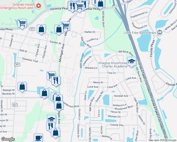 map of restaurants, bars, coffee shops, grocery stores, and more near 2783 Theresa Drive in Kissimmee