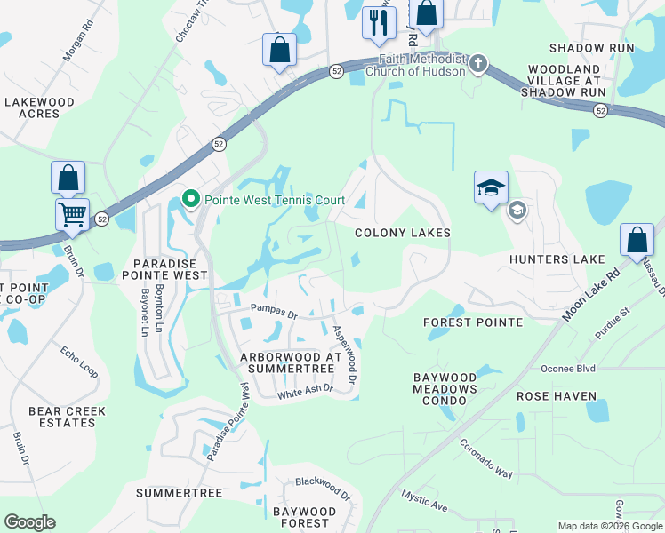 map of restaurants, bars, coffee shops, grocery stores, and more near 11919 Loblolly Pine Drive in New Port Richey
