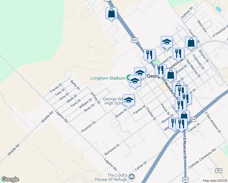map of restaurants, bars, coffee shops, grocery stores, and more near 1009 Ross Street in George West