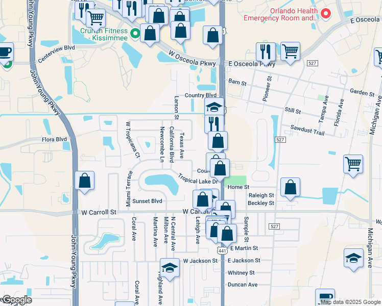 map of restaurants, bars, coffee shops, grocery stores, and more near 290 State Blvd in Kissimmee