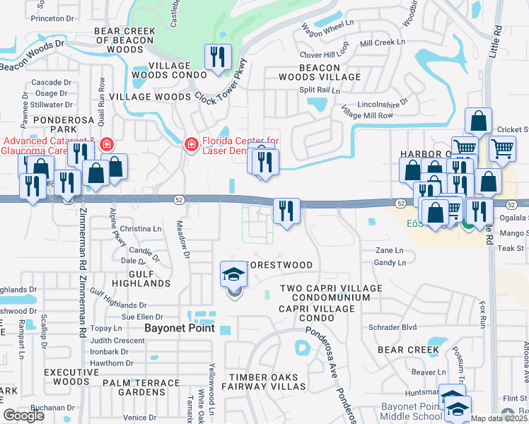 map of restaurants, bars, coffee shops, grocery stores, and more near Hudson Ridge Drive in Bayonet Point