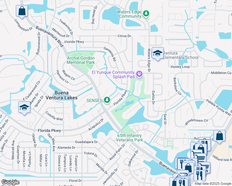 map of restaurants, bars, coffee shops, grocery stores, and more near 100 Tulip Way in Kissimmee