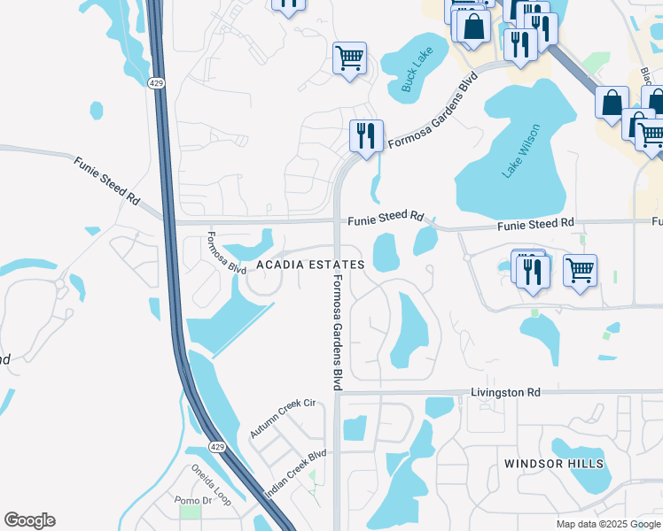 map of restaurants, bars, coffee shops, grocery stores, and more near 8000 Acadia Estates Court in Kissimmee
