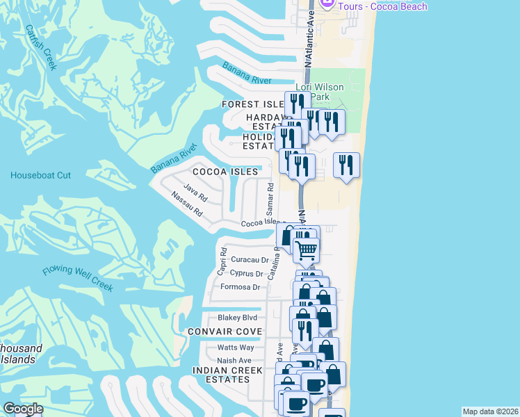 map of restaurants, bars, coffee shops, grocery stores, and more near 915 Samar Road in Cocoa Beach