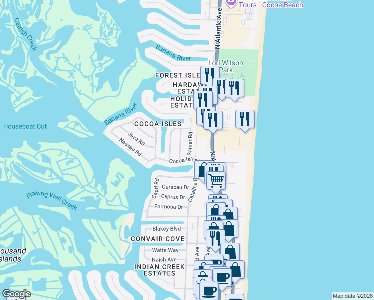 map of restaurants, bars, coffee shops, grocery stores, and more near 915 Samar Road in Cocoa Beach
