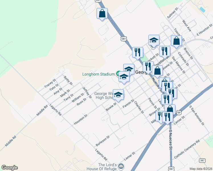 map of restaurants, bars, coffee shops, grocery stores, and more near 1009 Ross Street in George West