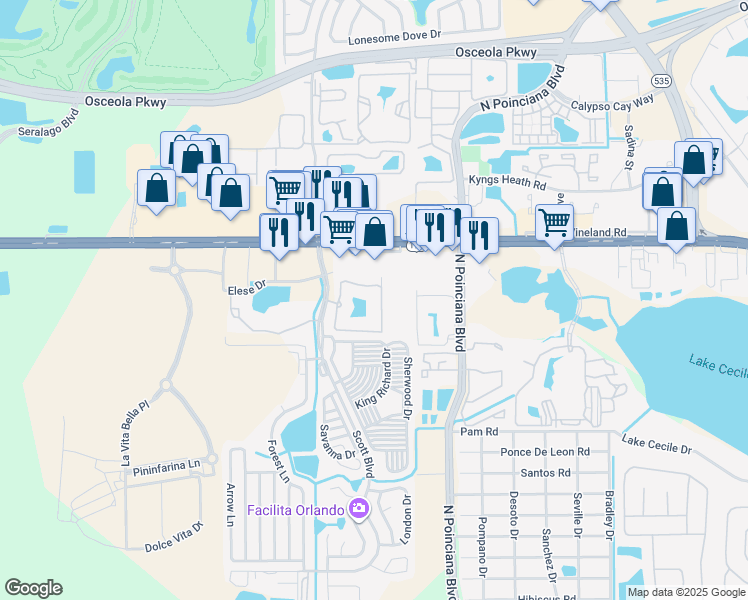 map of restaurants, bars, coffee shops, grocery stores, and more near 5271 Cane Island Loop in Kissimmee
