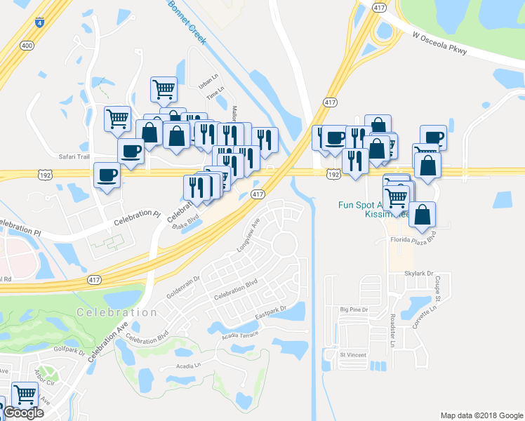 map of restaurants, bars, coffee shops, grocery stores, and more near 155 Longview Avenue in Kissimmee