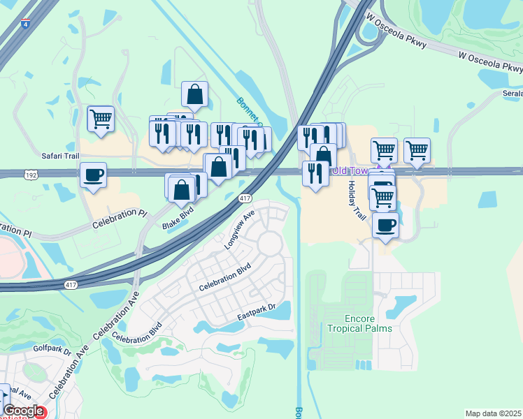 map of restaurants, bars, coffee shops, grocery stores, and more near 202 Reserve Place in Kissimmee