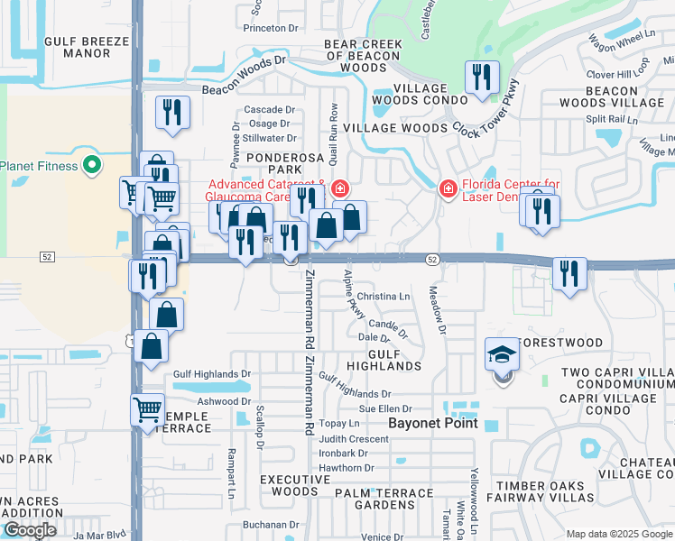 map of restaurants, bars, coffee shops, grocery stores, and more near 7609 Karen Drive in Port Richey