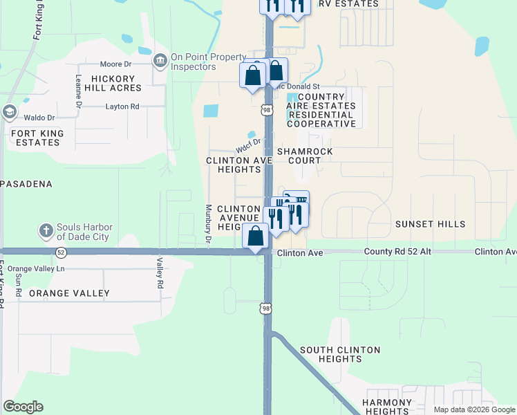 map of restaurants, bars, coffee shops, grocery stores, and more near 11907 Frontage Road in Dade City