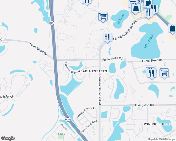 map of restaurants, bars, coffee shops, grocery stores, and more near 8027 Acadia Estates Court in Kissimmee