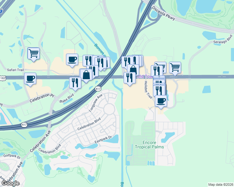 map of restaurants, bars, coffee shops, grocery stores, and more near 121 Longview Avenue in Kissimmee