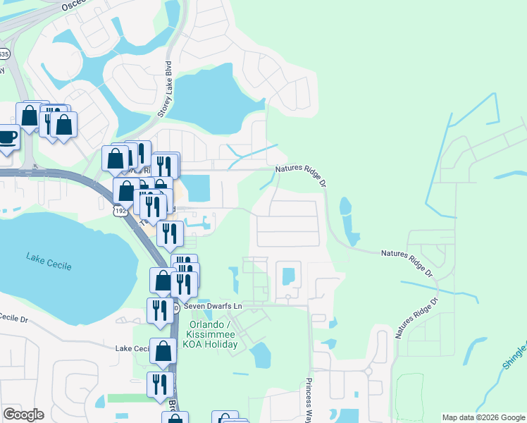 map of restaurants, bars, coffee shops, grocery stores, and more near 4573 Target boulevard in Kissimmee