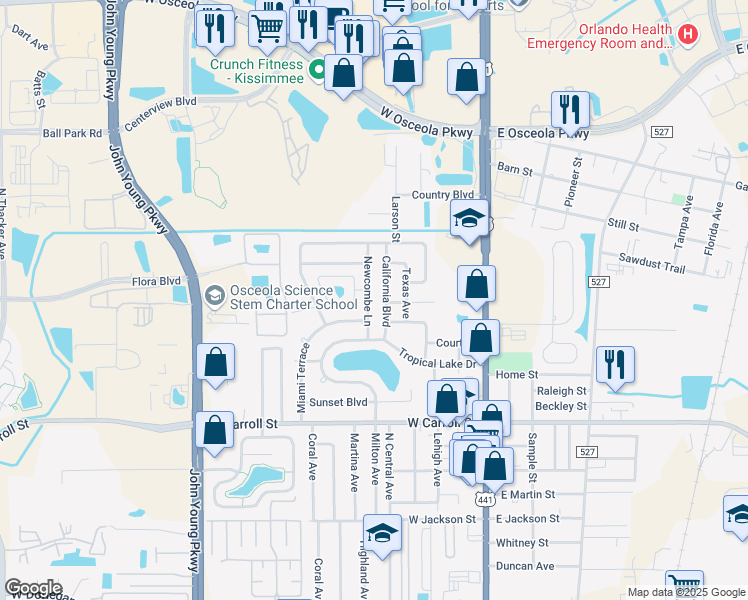 map of restaurants, bars, coffee shops, grocery stores, and more near 2815 Newcombe Lane in Kissimmee