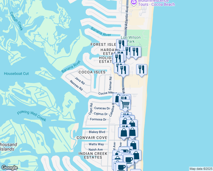 map of restaurants, bars, coffee shops, grocery stores, and more near 915 Samar Road in Cocoa Beach