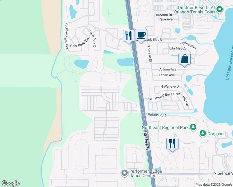 map of restaurants, bars, coffee shops, grocery stores, and more near Tahiti Circle in Davenport