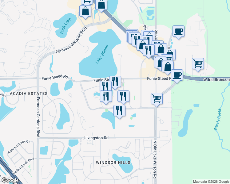 map of restaurants, bars, coffee shops, grocery stores, and more near 7700 Westgate Boulevard in Kissimmee