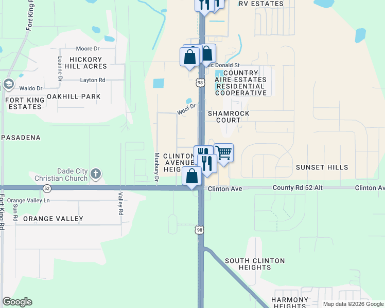 map of restaurants, bars, coffee shops, grocery stores, and more near 11853 Frontage Road in Dade City