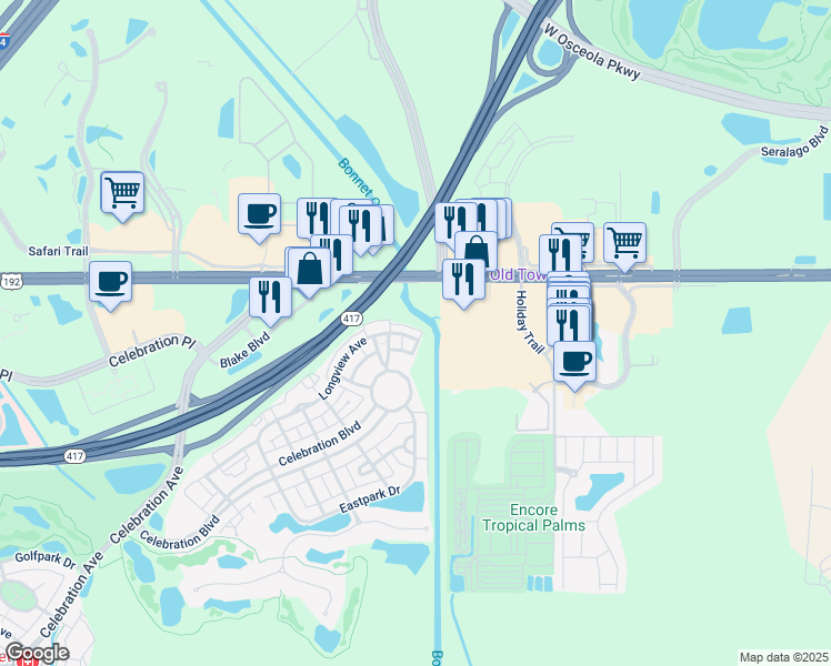 map of restaurants, bars, coffee shops, grocery stores, and more near 123 Longview Avenue in Kissimmee