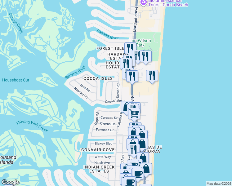 map of restaurants, bars, coffee shops, grocery stores, and more near 915 Samar Road in Cocoa Beach