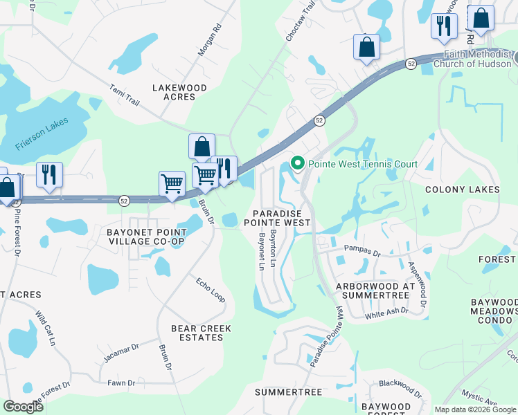 map of restaurants, bars, coffee shops, grocery stores, and more near 11975 Bayonet Lane in New Port Richey
