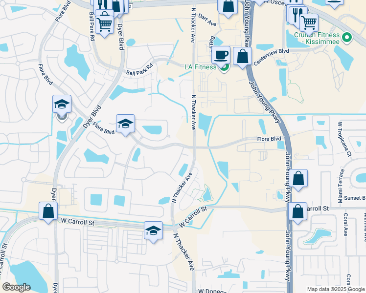 map of restaurants, bars, coffee shops, grocery stores, and more near 1747 Flora Boulevard in Kissimmee