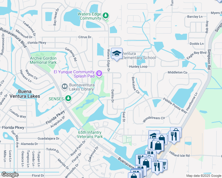 map of restaurants, bars, coffee shops, grocery stores, and more near 134 Dahlia Drive in Kissimmee