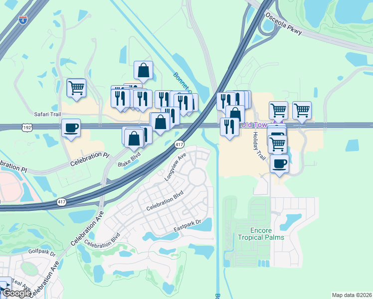 map of restaurants, bars, coffee shops, grocery stores, and more near 202 Reserve Place in Kissimmee