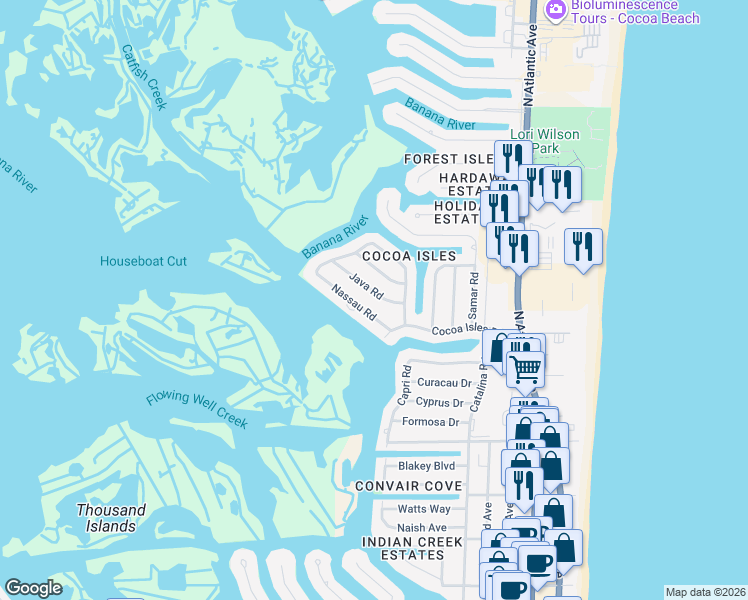 map of restaurants, bars, coffee shops, grocery stores, and more near 738 Nassau Road in Cocoa Beach