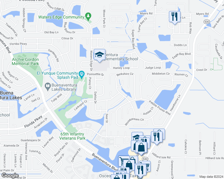 map of restaurants, bars, coffee shops, grocery stores, and more near 2809 Sherbrook Court in Kissimmee
