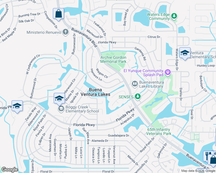 map of restaurants, bars, coffee shops, grocery stores, and more near 23 Trotters Circle in Kissimmee