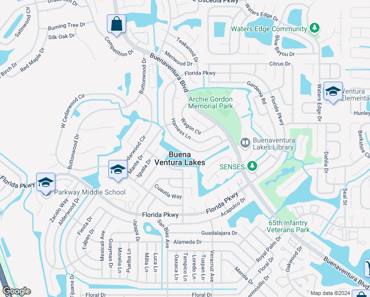 map of restaurants, bars, coffee shops, grocery stores, and more near 33 Trotters Circle in Kissimmee
