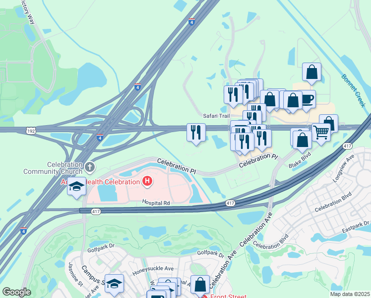 map of restaurants, bars, coffee shops, grocery stores, and more near 225 Celebration Place in Celebration