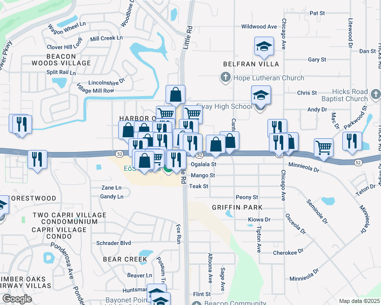 map of restaurants, bars, coffee shops, grocery stores, and more near 9017 Florida 52 in Hudson