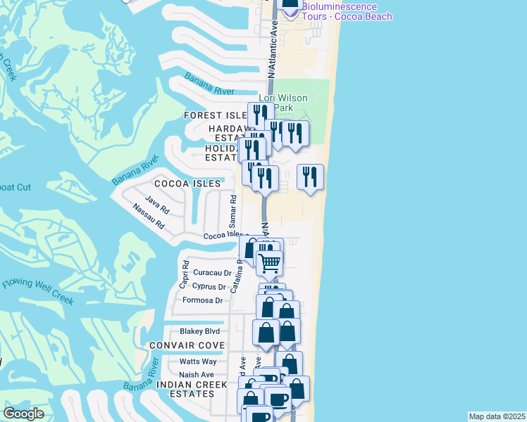 map of restaurants, bars, coffee shops, grocery stores, and more near 1225 North Atlantic Avenue in Cocoa Beach