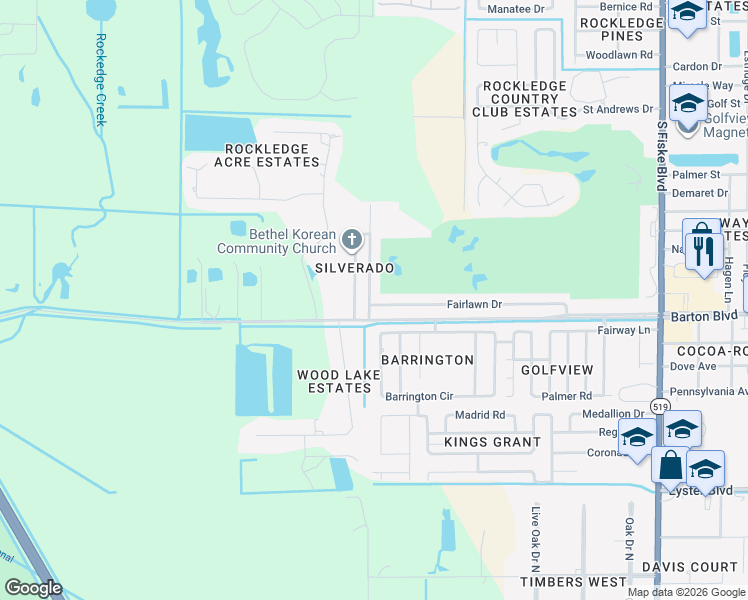 map of restaurants, bars, coffee shops, grocery stores, and more near 1682 Silverado Drive in Rockledge