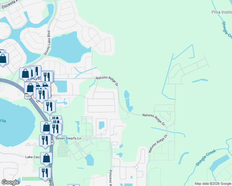 map of restaurants, bars, coffee shops, grocery stores, and more near 2845 Bookmark Drive in Kissimmee