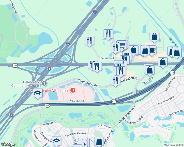 map of restaurants, bars, coffee shops, grocery stores, and more near 225 Celebration Place in Celebration