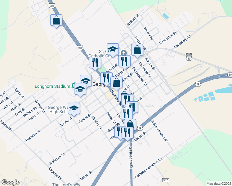 map of restaurants, bars, coffee shops, grocery stores, and more near 506 Nueces Street in George West