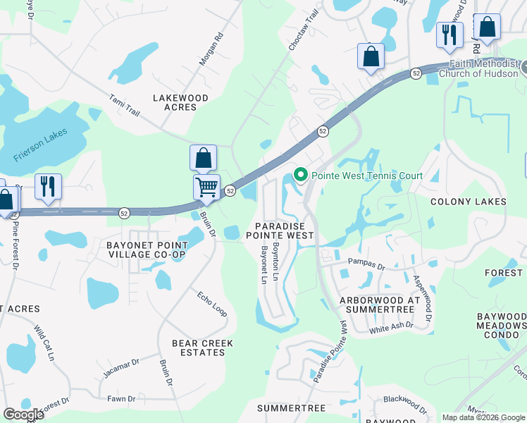 map of restaurants, bars, coffee shops, grocery stores, and more near 11975 Bayonet Lane in New Port Richey