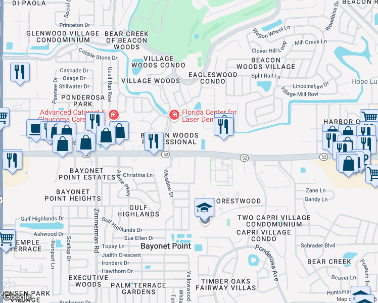 map of restaurants, bars, coffee shops, grocery stores, and more near 7927 State Road 52 in Hudson