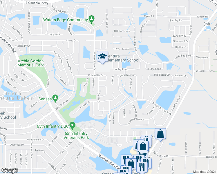 map of restaurants, bars, coffee shops, grocery stores, and more near 105 Poinsettia Drive in Kissimmee